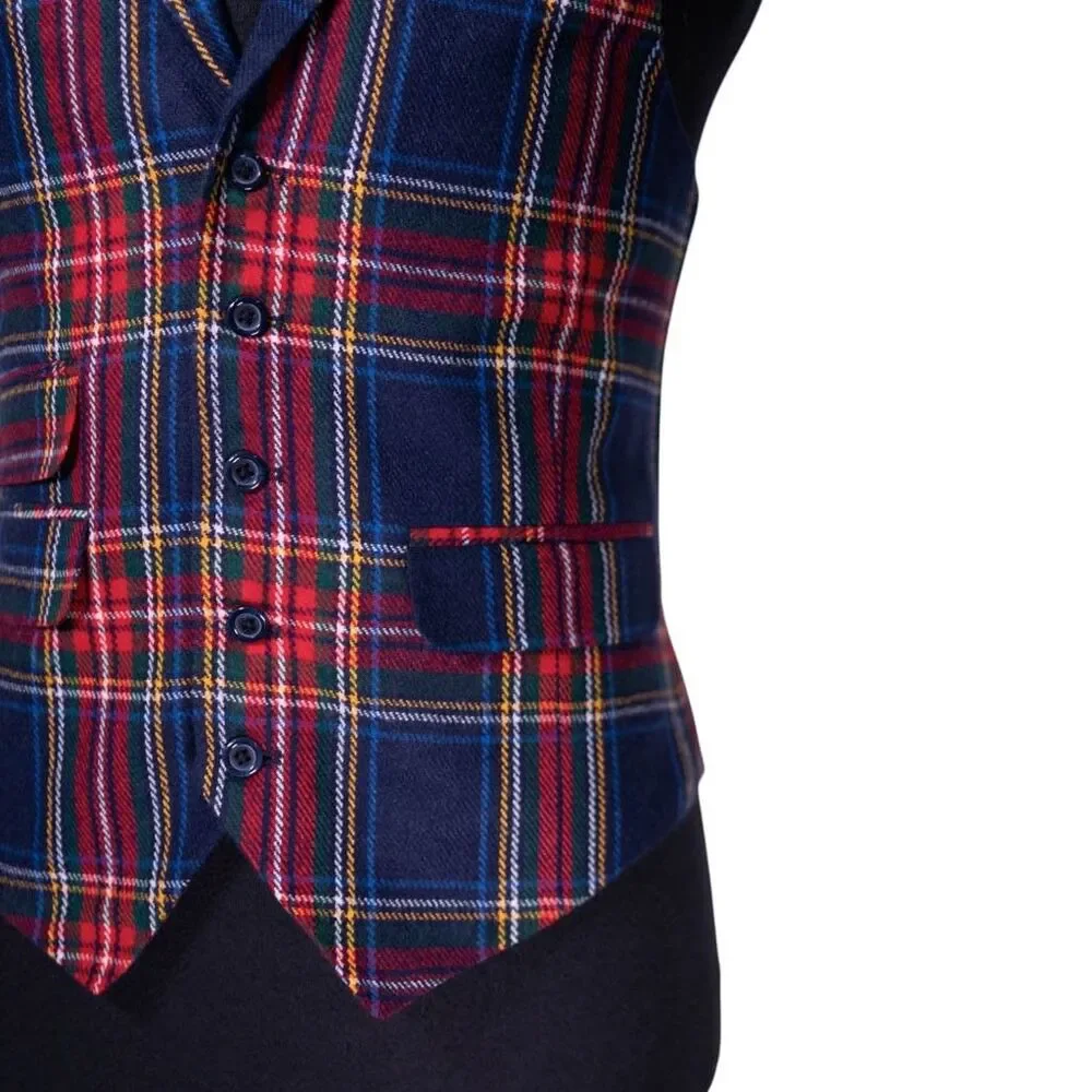 Mens Tartan Vest 40R Blue Red Green Wool Plaid Waistcoat Medium Christmas Party